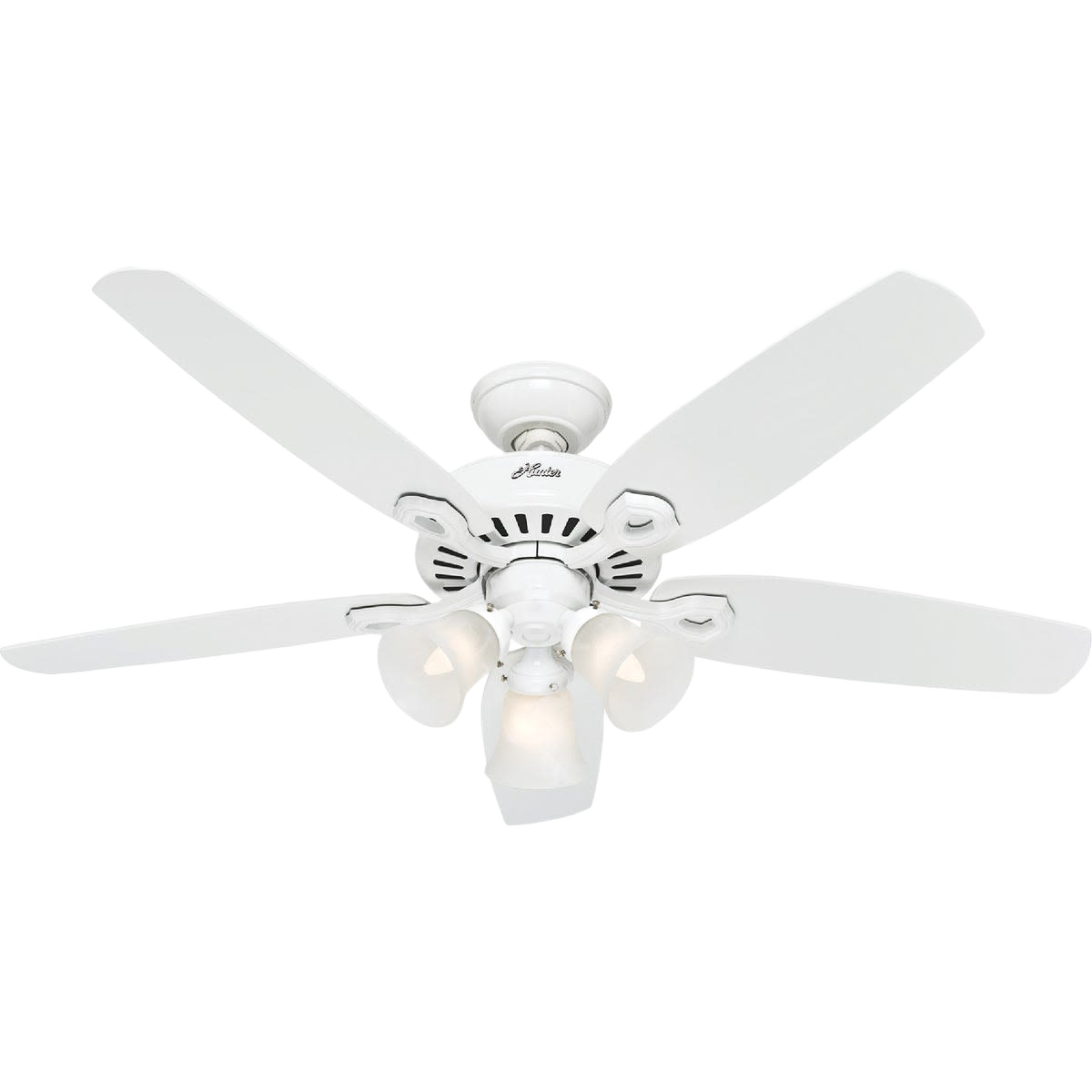 White five-blade ceiling fan with integrated light kit, suitable for indoor ceiling fans and home decor collections