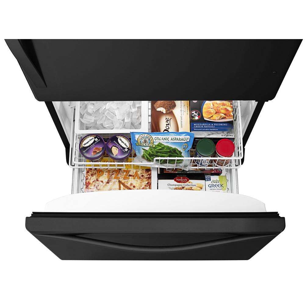 Open black bottom-freezer refrigerator drawer with organized frozen food items in refrigerators and kitchenware collection