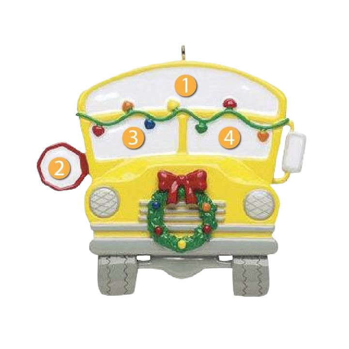 Yellow school bus ornament decorated with wreath and Christmas lights for holiday tree under $50 collection