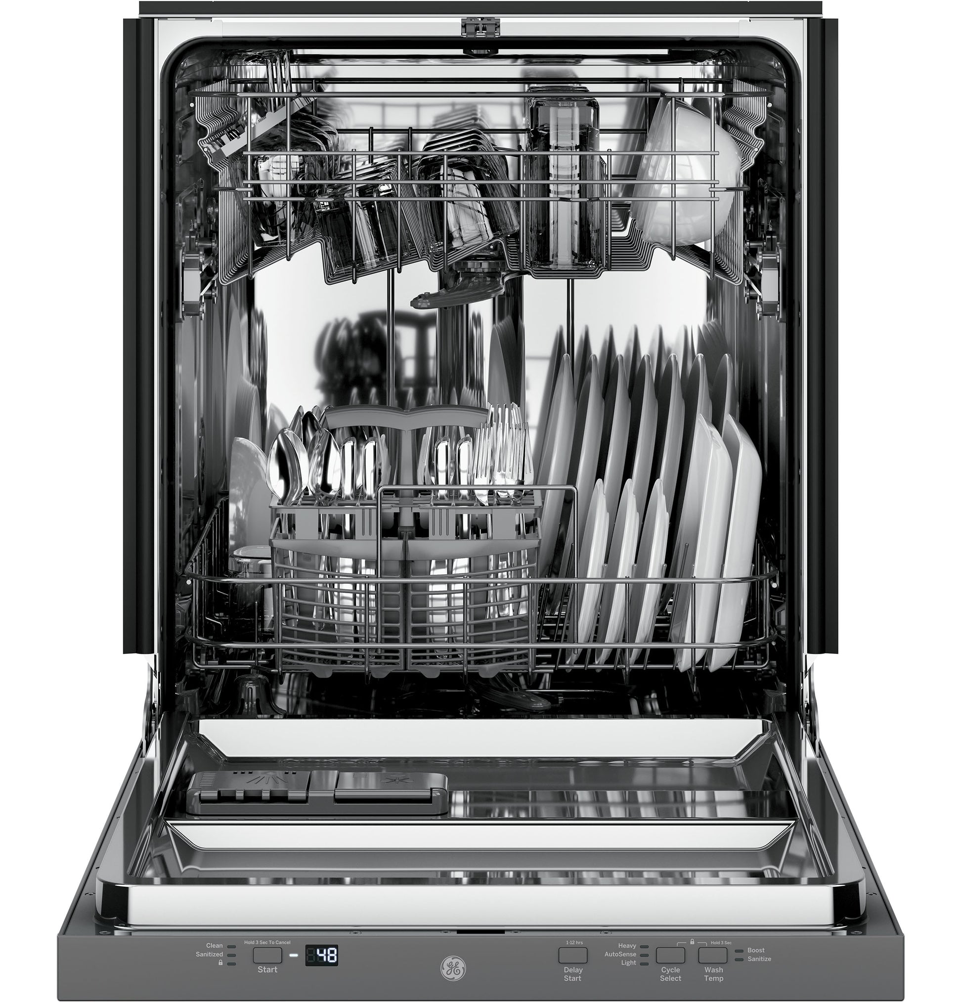 Open panel-ready dishwasher with stainless steel interior, fully loaded racks, and digital control panel from Dishwashers collection