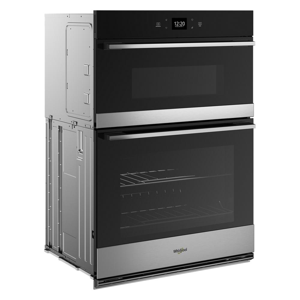 black and stainless steel combo wall oven with digital display for kitchen appliances and home improvement