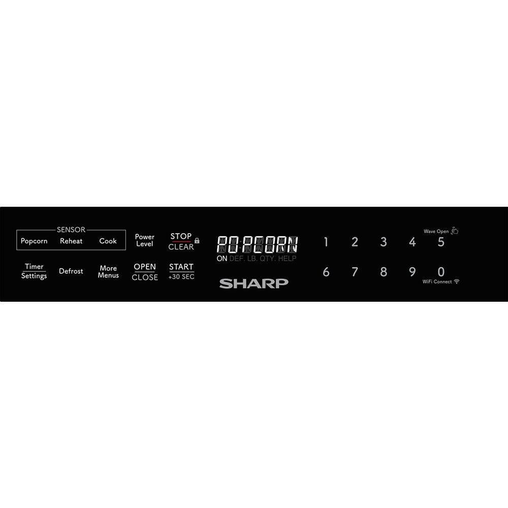 Control panel for black Sharp built-in microwave drawer with sensor cooking and Wi-Fi connectivity icons displayed