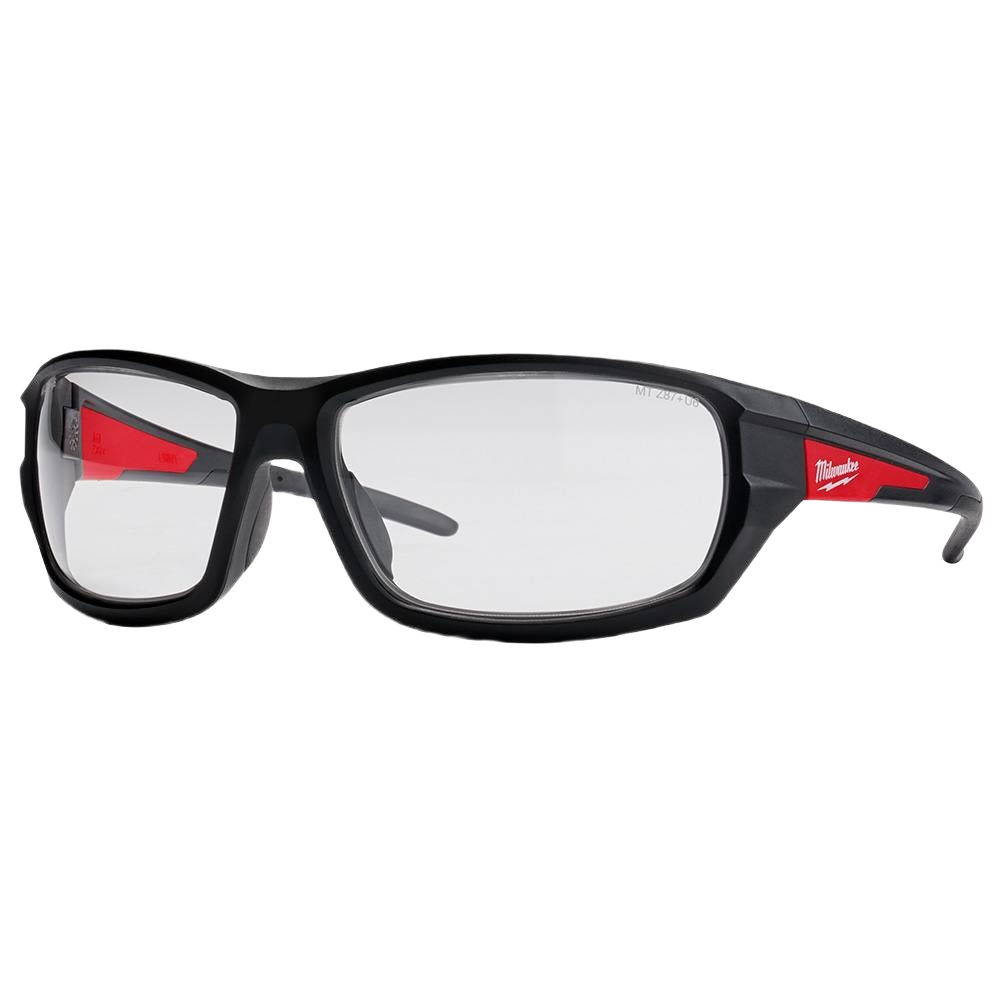 Black framed clear lens safety glasses with red Milwaukee logo designed for tools and home improvement use