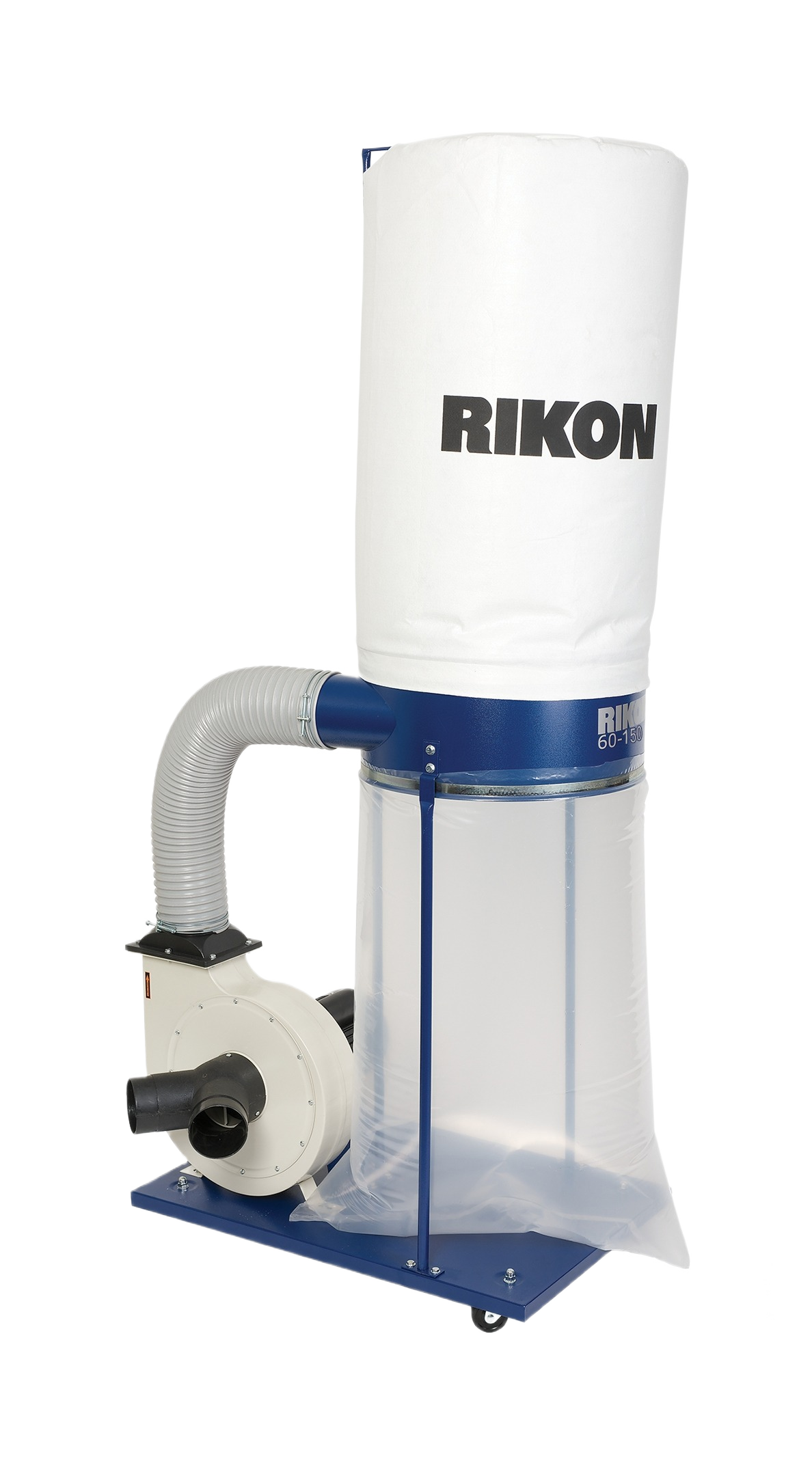 Industrial dust collector with white fabric filter bag and clear plastic collection bin for tools and home improvement