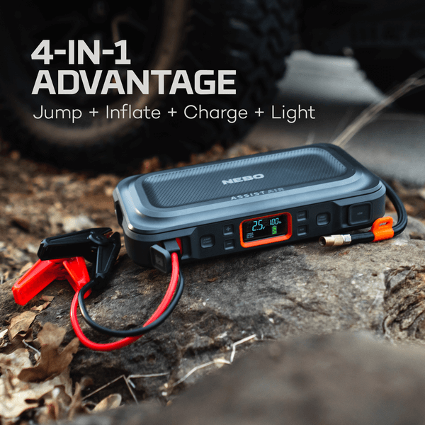 Portable black and gray jump starter with clamps and inflator hose for automotive and battery tools collections