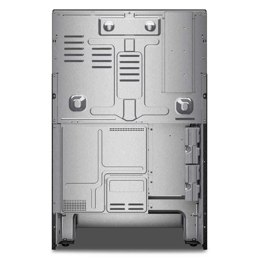 Rear view of a stainless steel freestanding electric range showcasing ventilation, access panels, and connection ports, suitable for ranges and appliances collections.
