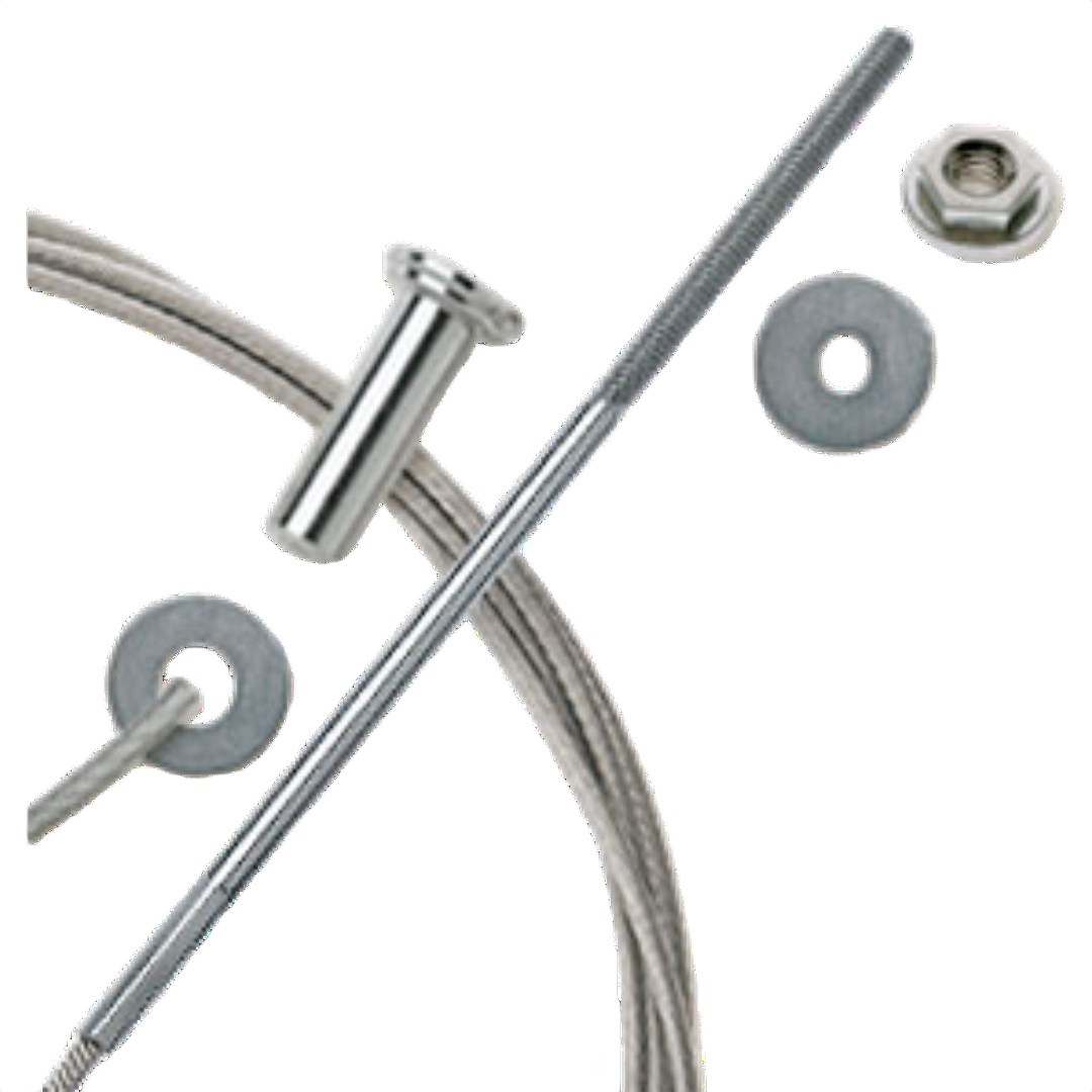 Steel cable railing assembly with hardware fittings for wood post installation in outdoor living and decking projects