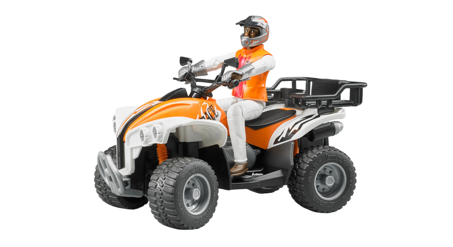 Orange and white Bruder Quad Bike toy with detailed driver figure in vest and helmet, part of Vehicles & Remote Controlled Toys collection