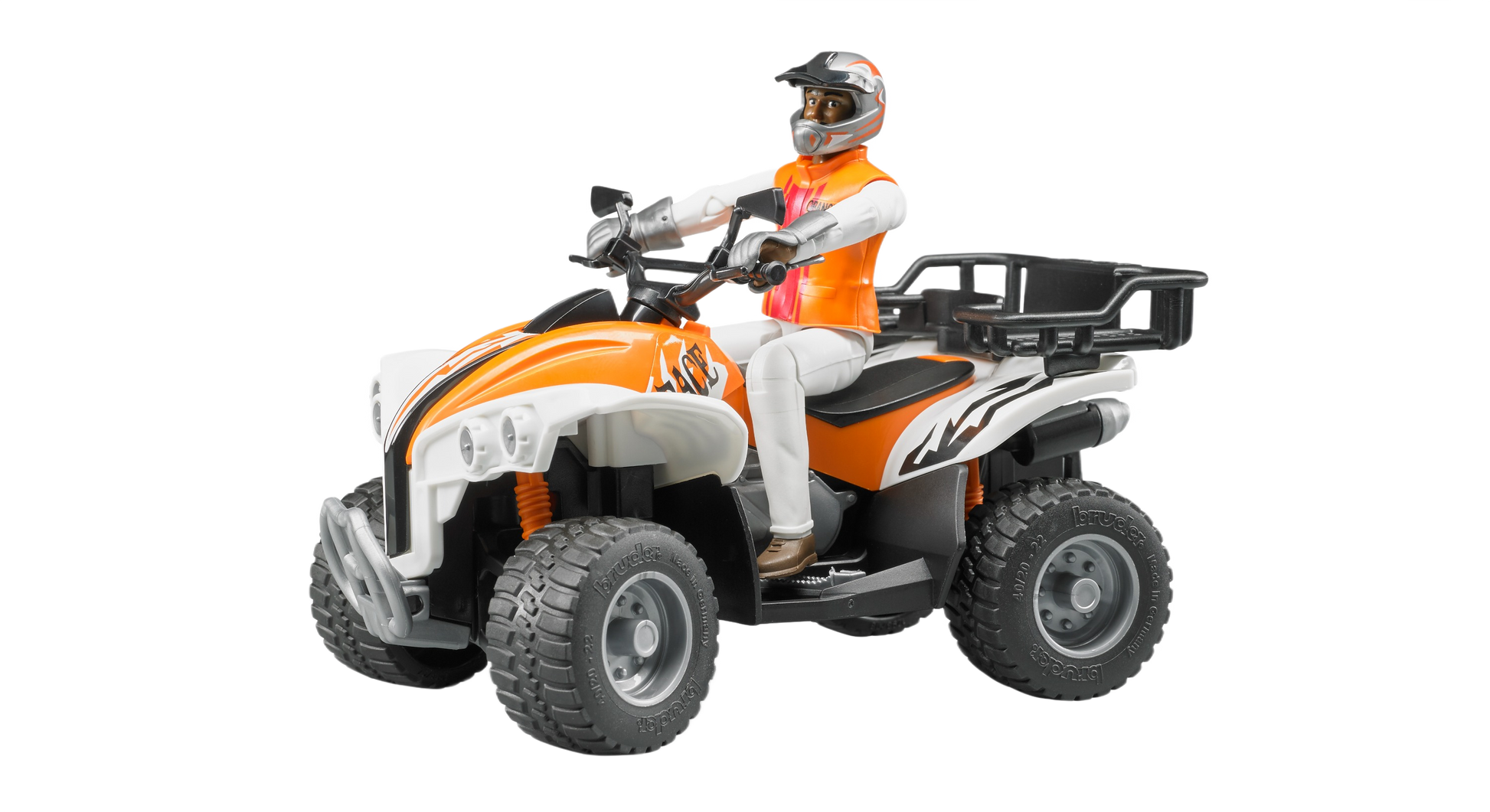 Orange and white Bruder Quad Bike toy with detailed driver figure in vest and helmet, part of Vehicles & Remote Controlled Toys collection