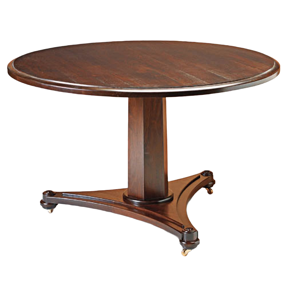 Round wooden pedestal table with dark finish and caster wheels designed for woodworking projects and home improvement