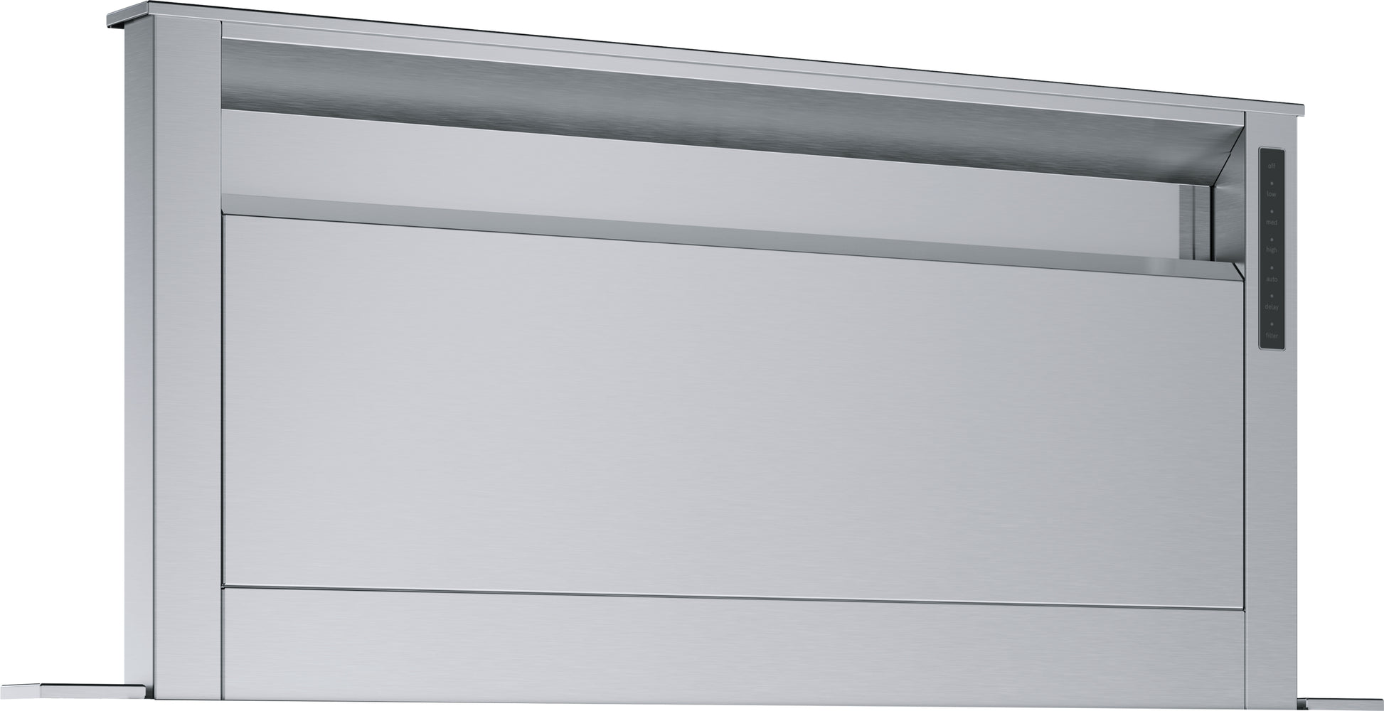stainless steel downdraft ventilation integrated into countertop with digital control panel in kitchen appliances collection