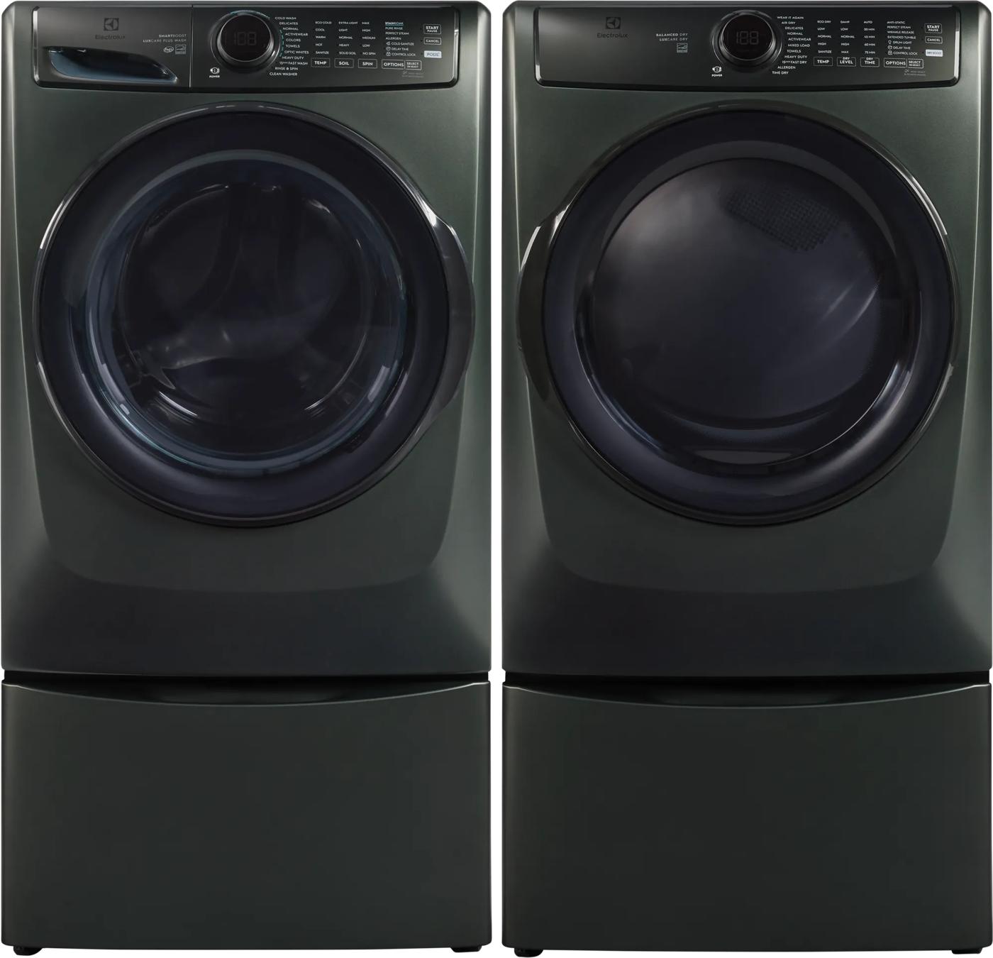 Pair of dark gray front load washer and dryer with digital controls, part of washers and dryers and appliances collections