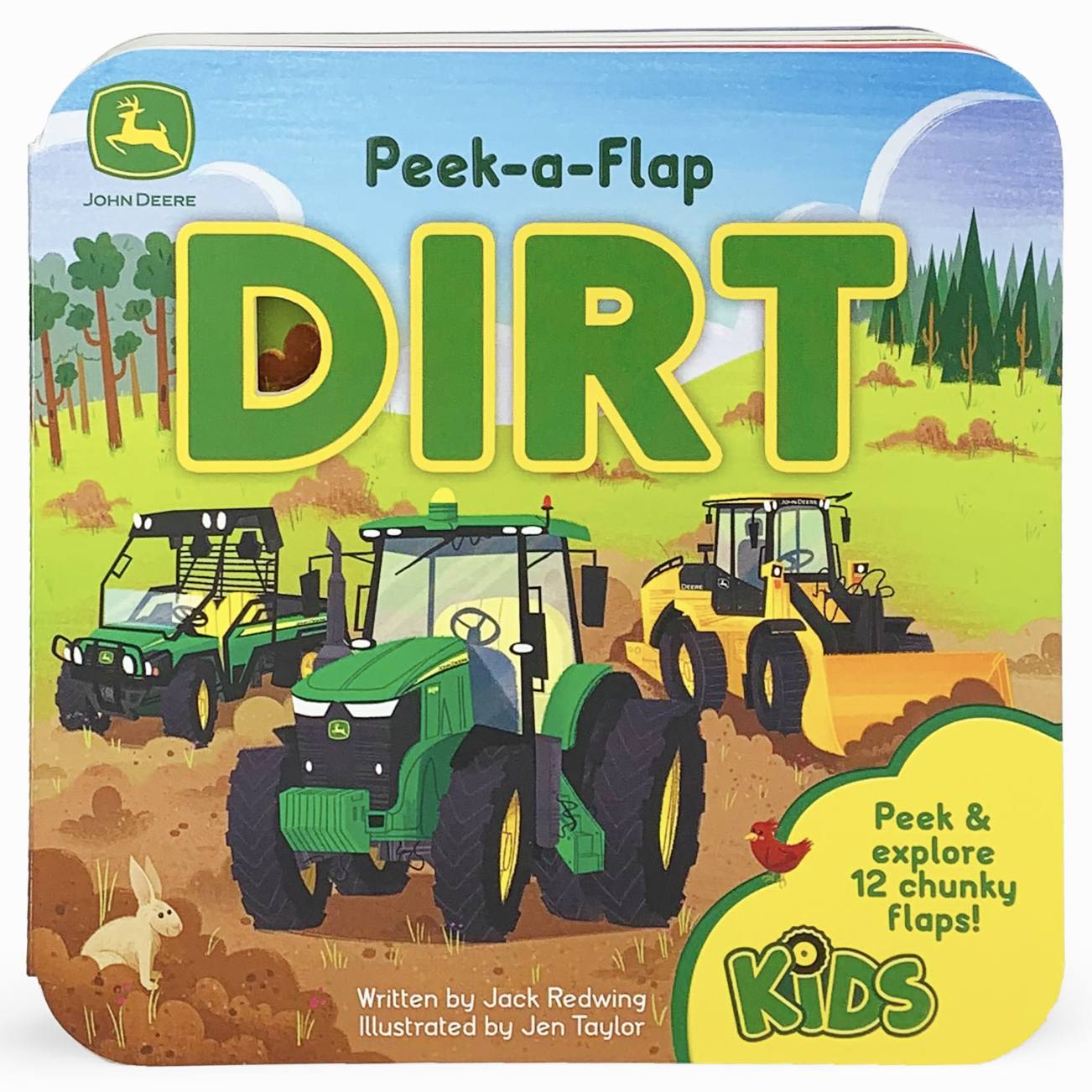 Children's interactive book featuring John Deere farm vehicles with lift-the-flap design for early learning