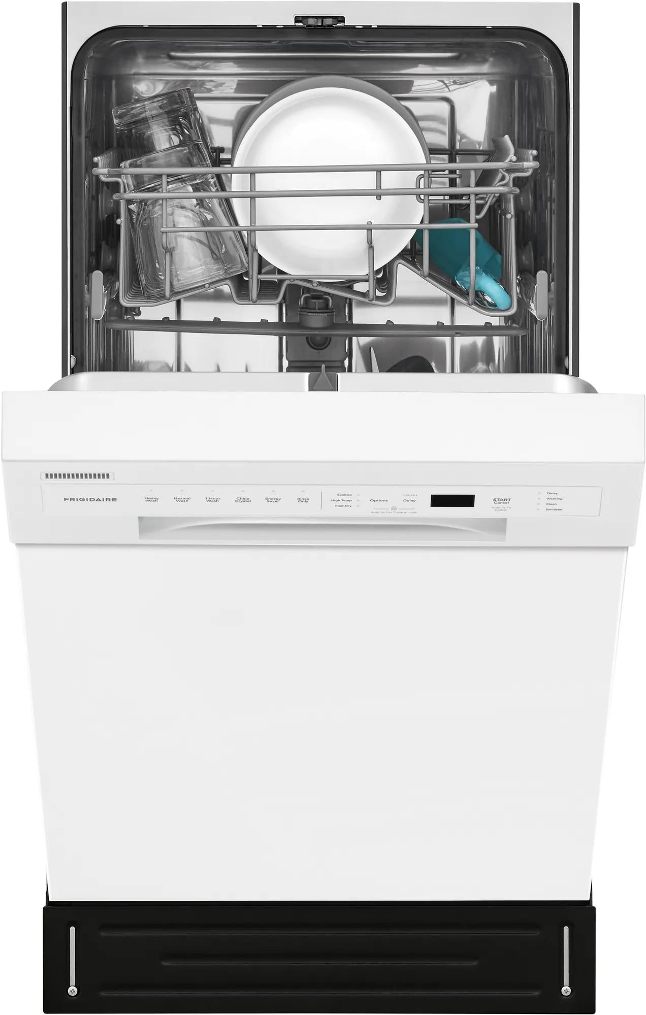 White 18-inch built-in dishwasher with open door showing interior racks loaded with glassware and dishware from appliances collection