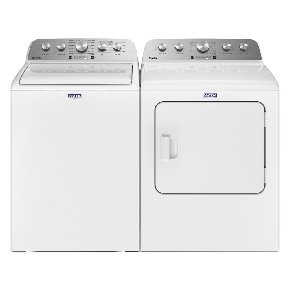 White top load washer and front load gas dryer set with silver control panels in Dryers and Appliances collection