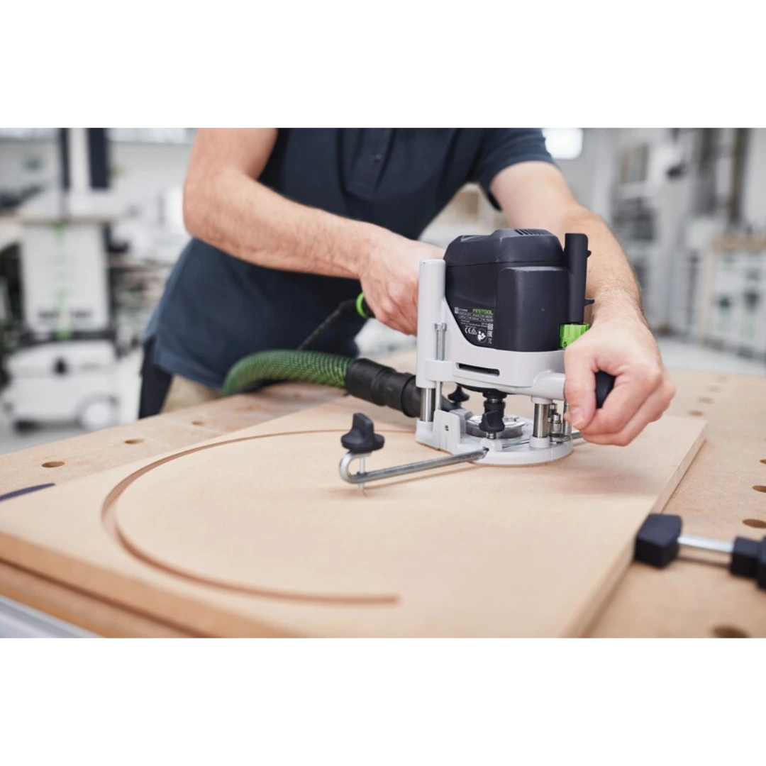 Router equipped with trammel unit cutting smooth circular grooves on wood in woodworking tool accessories collections