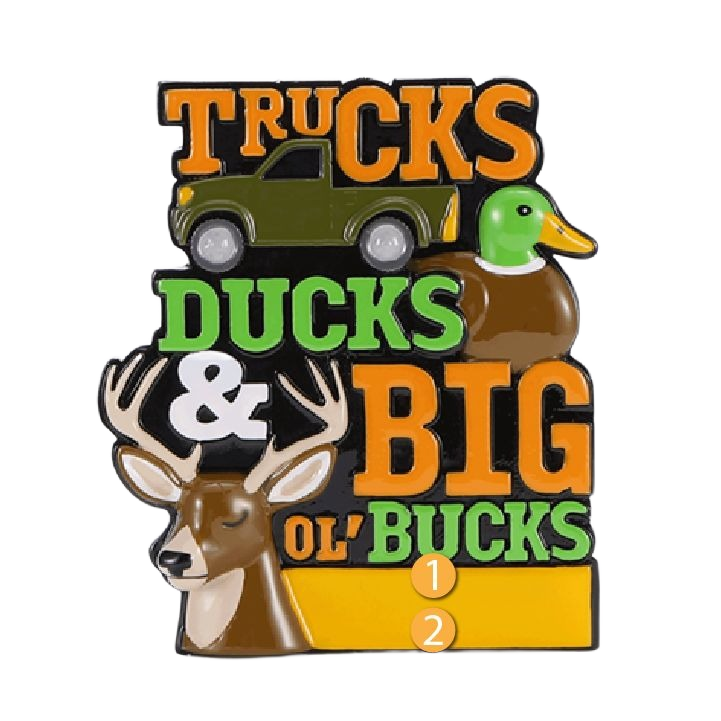 Christmas ornament featuring truck, duck, and deer head with "Trucks Ducks & Big Ol' Bucks" text from holiday decorations collection