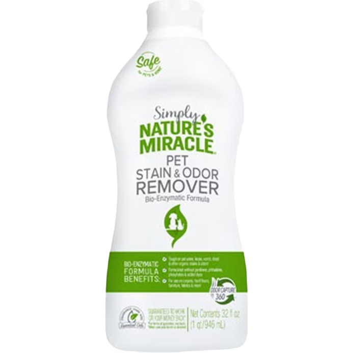 White bottle of pet stain and odor remover with green and black text featuring bio-enzymatic formula labeling
