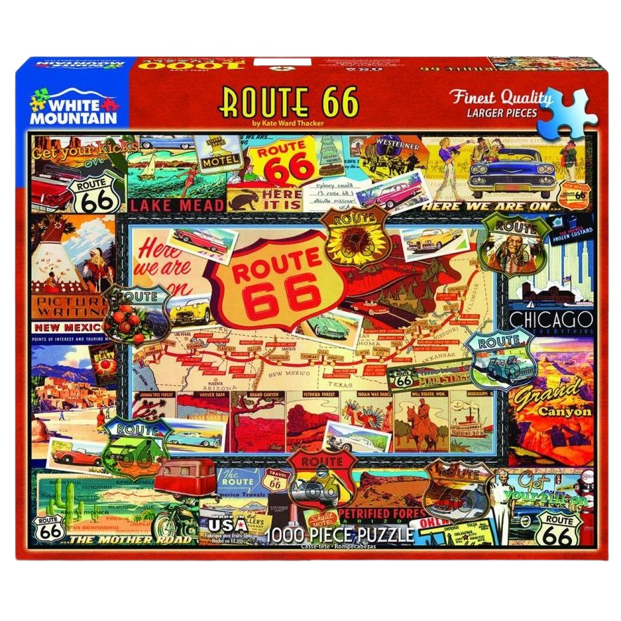 Colorful jigsaw puzzle box featuring nostalgic Route 66 landmarks and vintage Americana for Toys & Games collection.