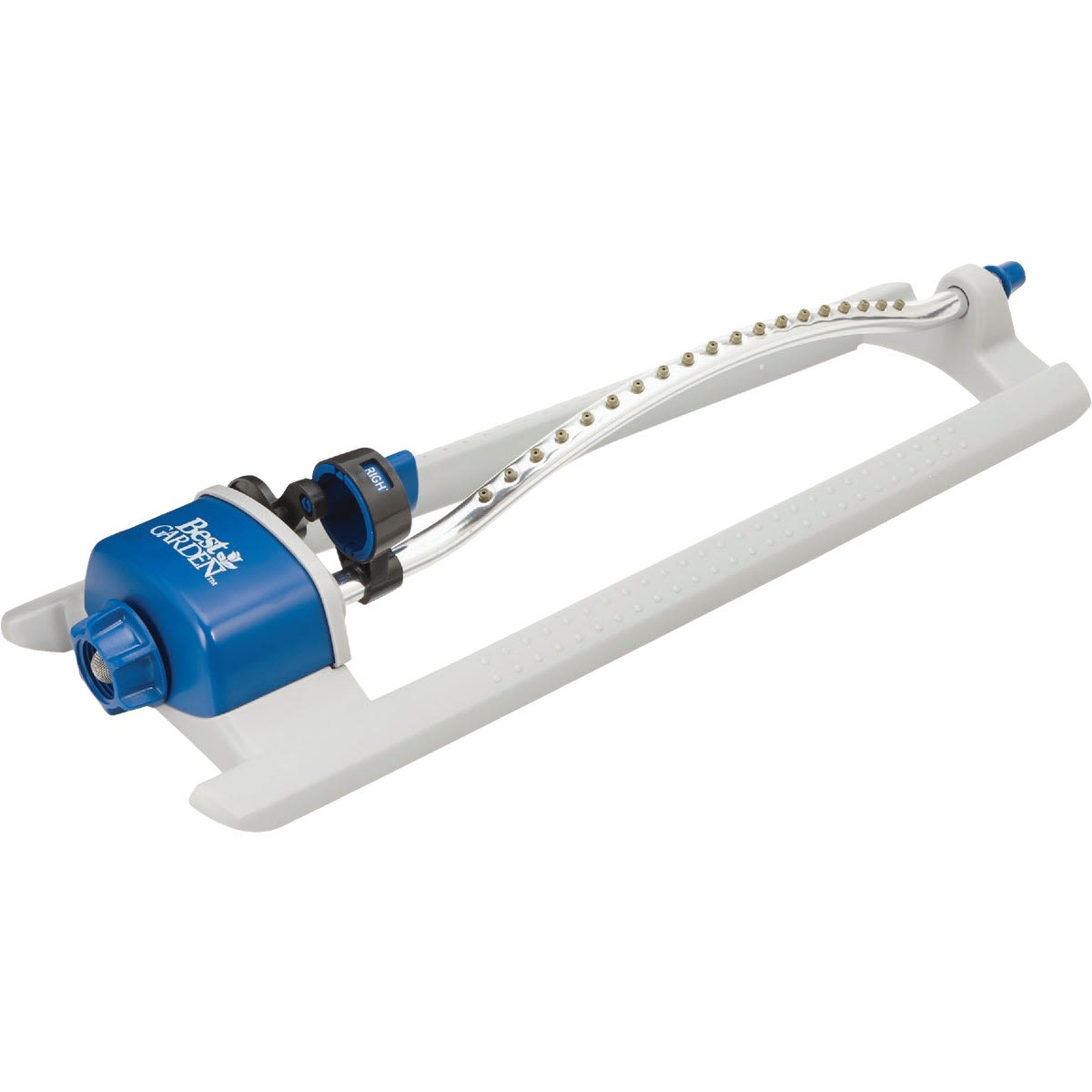 Blue and gray oscillating sprinkler with adjustable coverage for watering lawns in Lawn & Garden and Watering & Irrigation collections