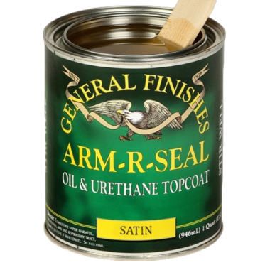 Open can of General Finishes Arm-R-Seal satin oil and urethane topcoat for wood finishing and sealing projects