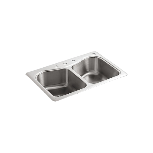 Brushed stainless steel double bowl kitchen sink with four faucet holes for top mount installation in home improvement projects