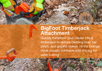 Orange timberjack attachment connected to a chainsaw for safer log handling during outdoor wood cutting tasks
