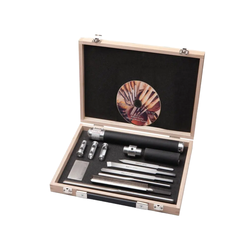Woodturning tool set with six interchangeable blades, modular handle, and instructional DVD in wooden case from Robert Sorby collection