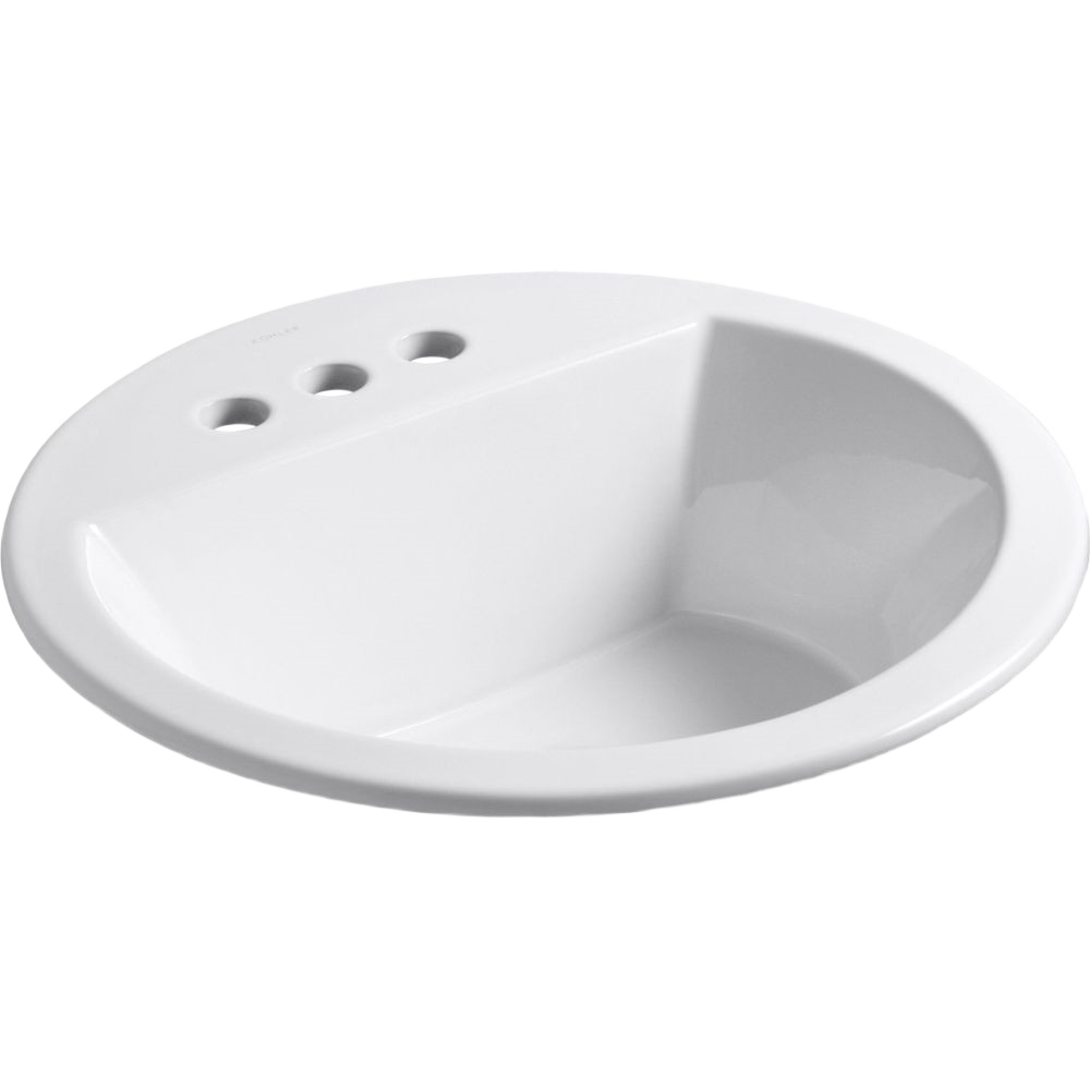 White round drop-in bathroom sink with four-inch centerset faucet holes for home improvement projects