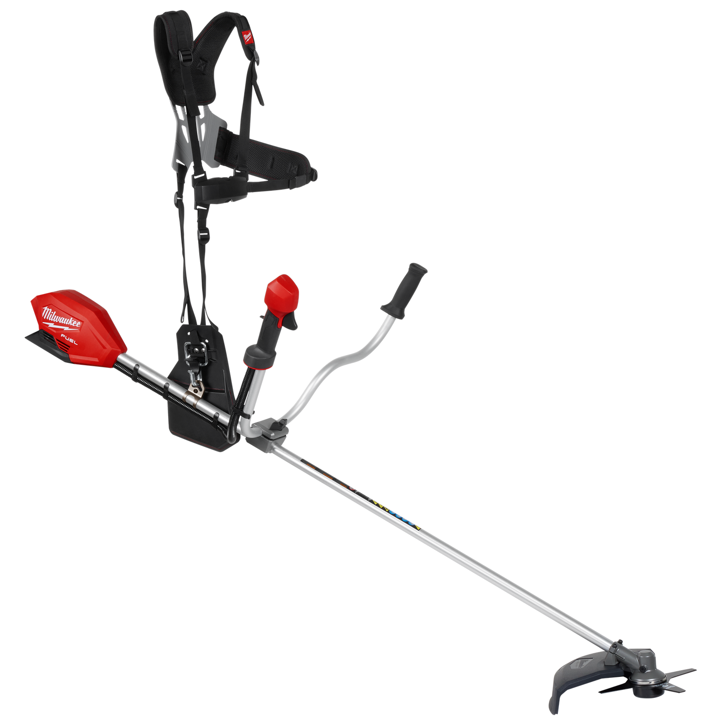 Red and black heavy-duty brush cutter with ergonomic handles and padded harness for tools and home improvement tasks