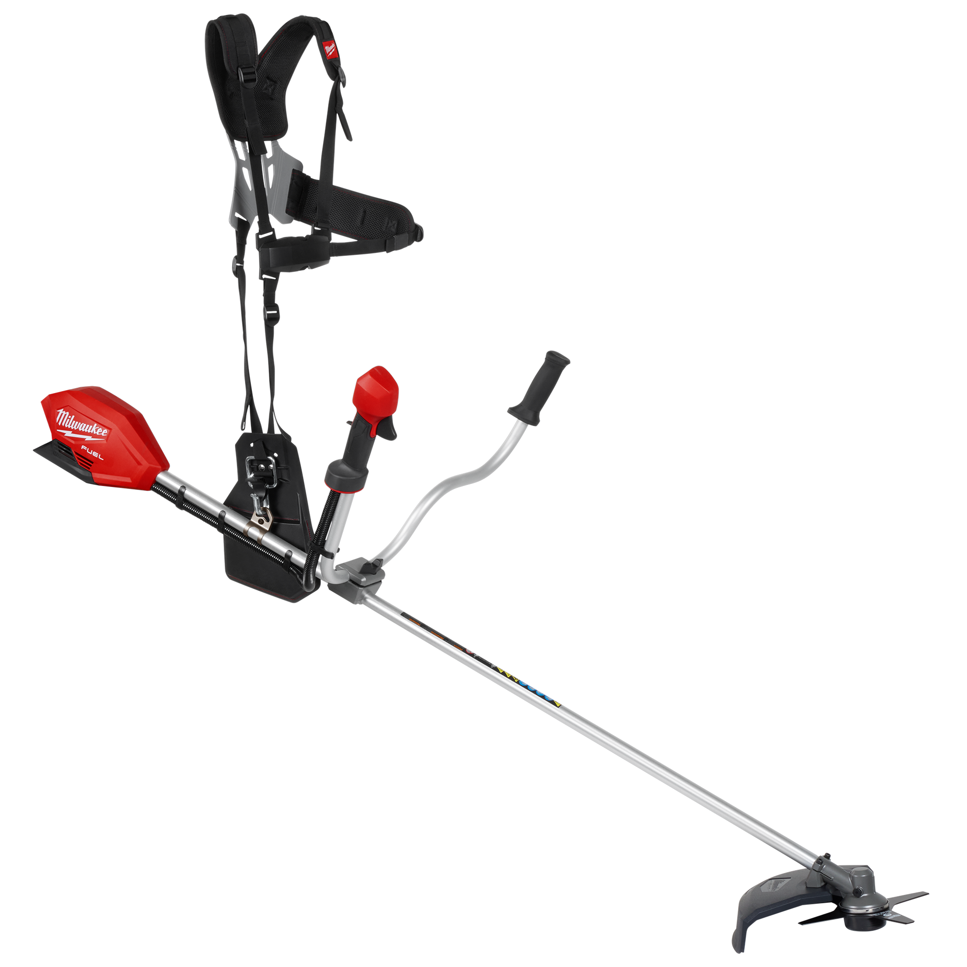 Red and black heavy-duty brush cutter with ergonomic handles and padded harness for tools and home improvement tasks