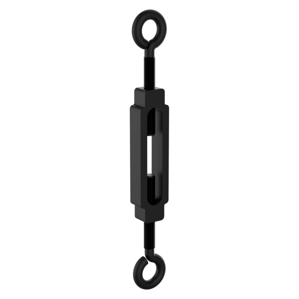 Black steel turnbuckle with eye hooks for tensioning cables and ropes in hardware and fasteners collections