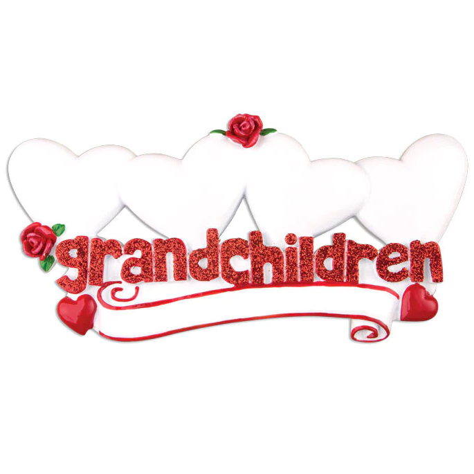 Holiday ornament with four white hearts and glittery red "grandchildren" text decorated with red roses and hearts