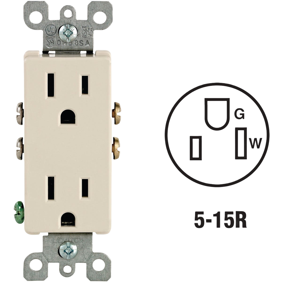 Light almond duplex electrical outlet with metal mounting brackets for residential tools and home improvement projects