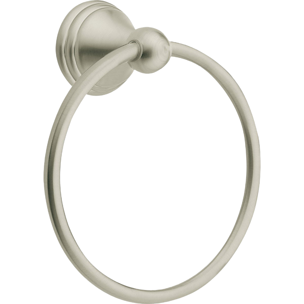 Brushed nickel towel ring with round mounting base for bathroom accessory in home improvement projects
