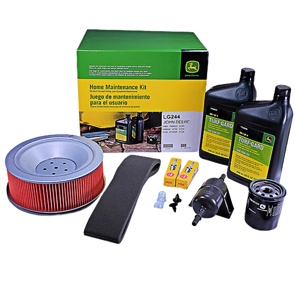 Green and yellow home maintenance kit with oil containers, air filter, spark plugs, and fuel filter for outdoor equipment upkeep