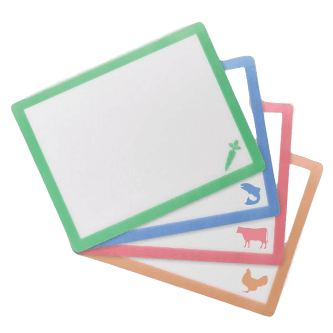 Color-coded flexible cutting mats set with vegetable, fish, beef, and poultry icons for kitchenware and food prep tasks
