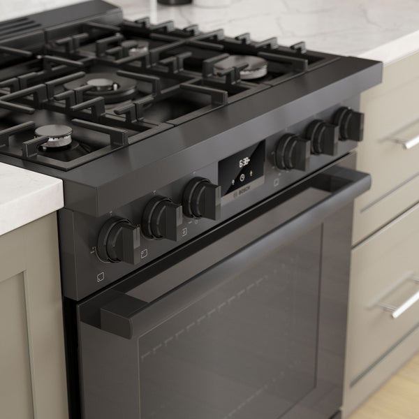 30-inch black stainless steel freestanding gas range with five burners, metal knobs, and digital display in kitchen appliances collection