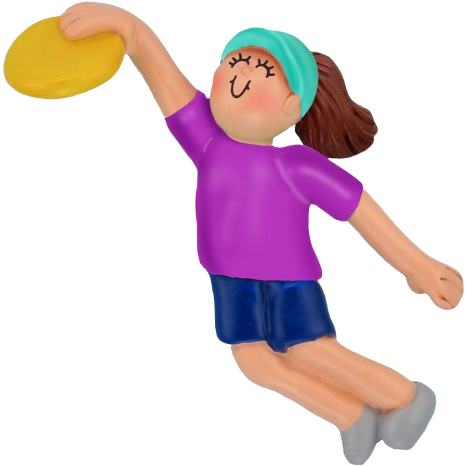 Brunette female figurine in teal headband and purple shirt diving to catch yellow frisbee in Christmas Ornaments collection