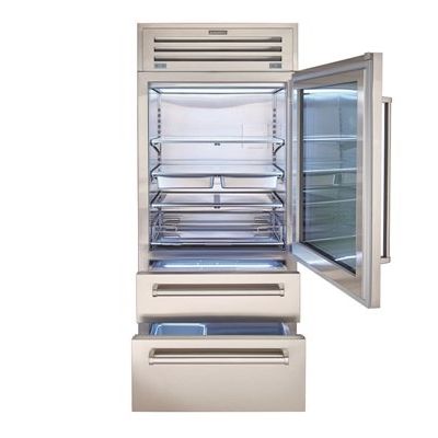 36-inch stainless steel refrigerator with glass door and right hinge featuring advanced interior shelving for kitchen appliances