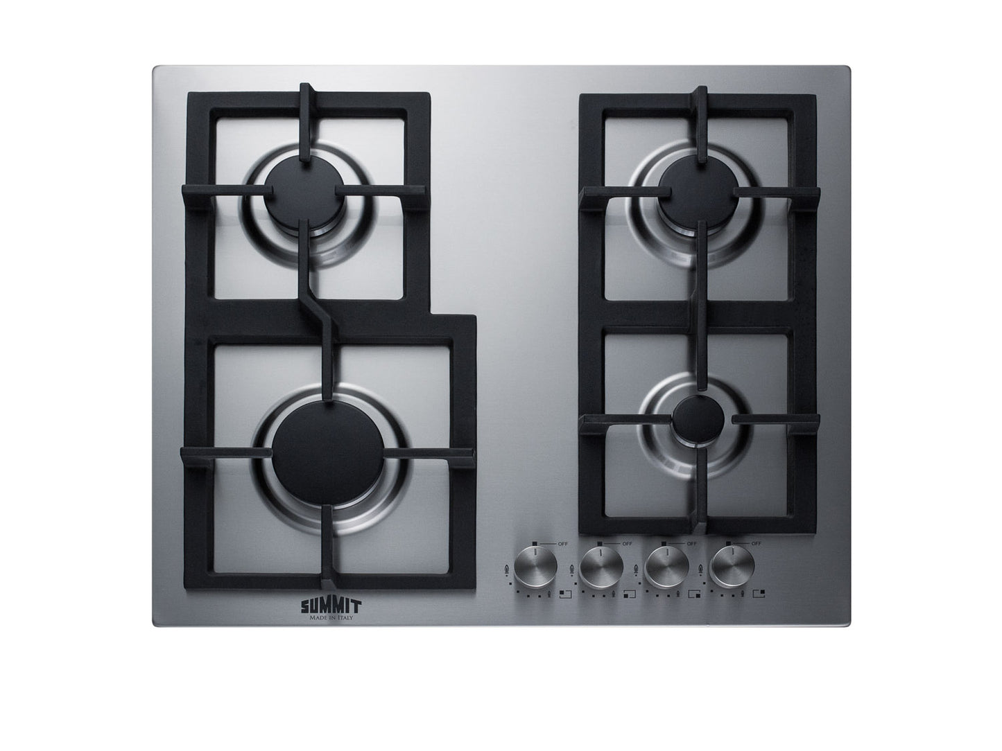 Stainless steel 24-inch four-burner gas cooktop with black cast iron grates from Cooktops collection