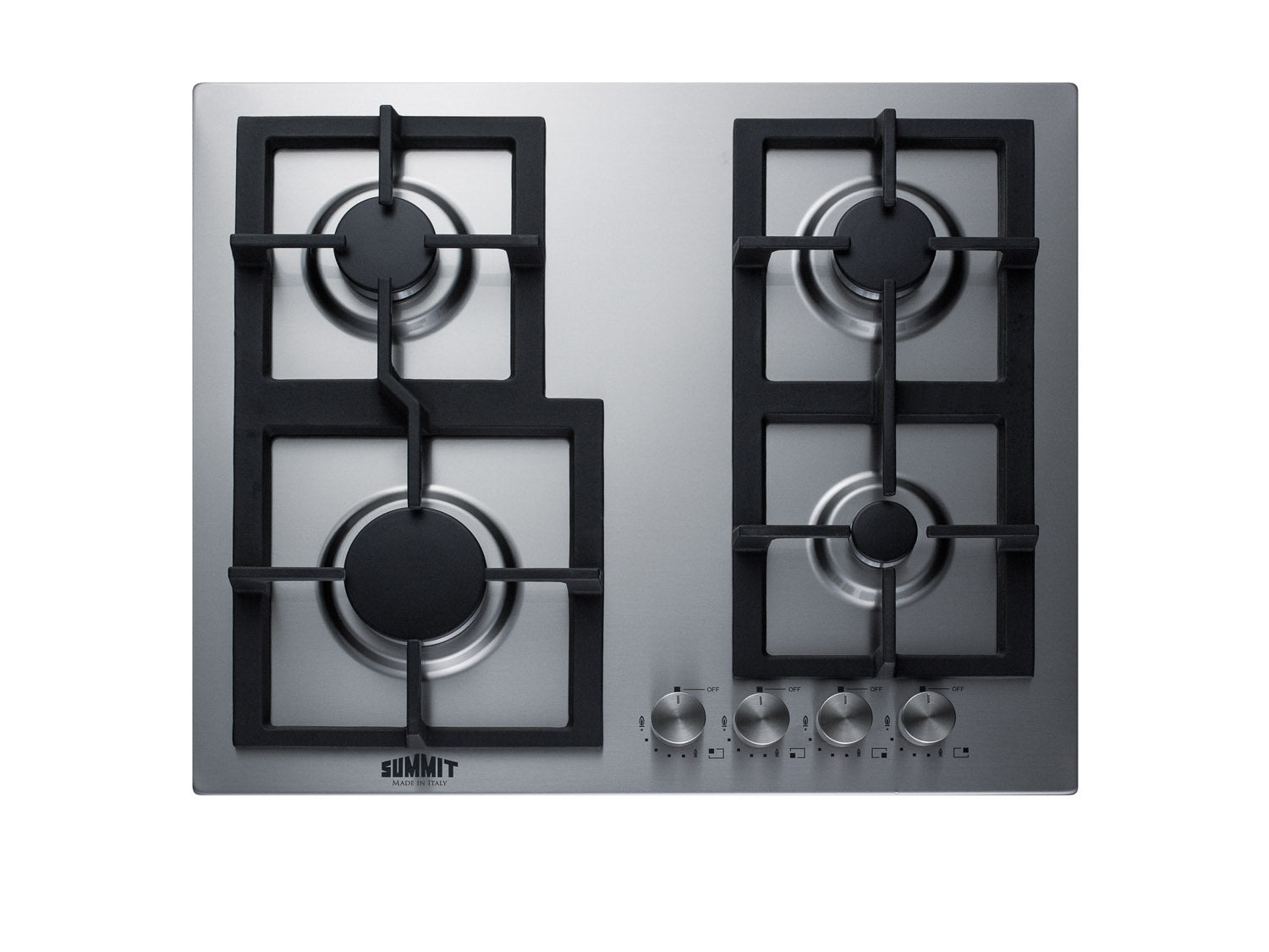 Stainless steel 24-inch four-burner gas cooktop with black cast iron grates from Cooktops collection