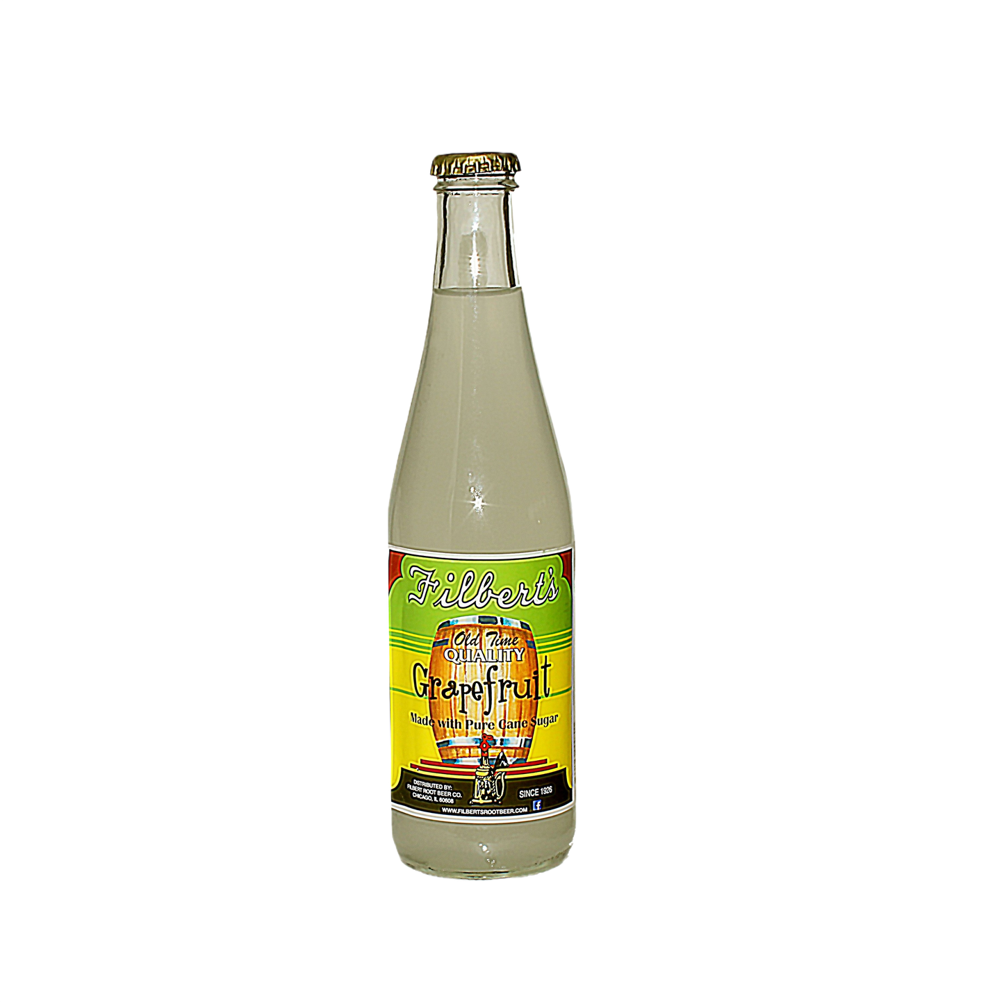 Glass bottle of Filbert's grapefruit soda with vintage style label and cane sugar ingredients visible