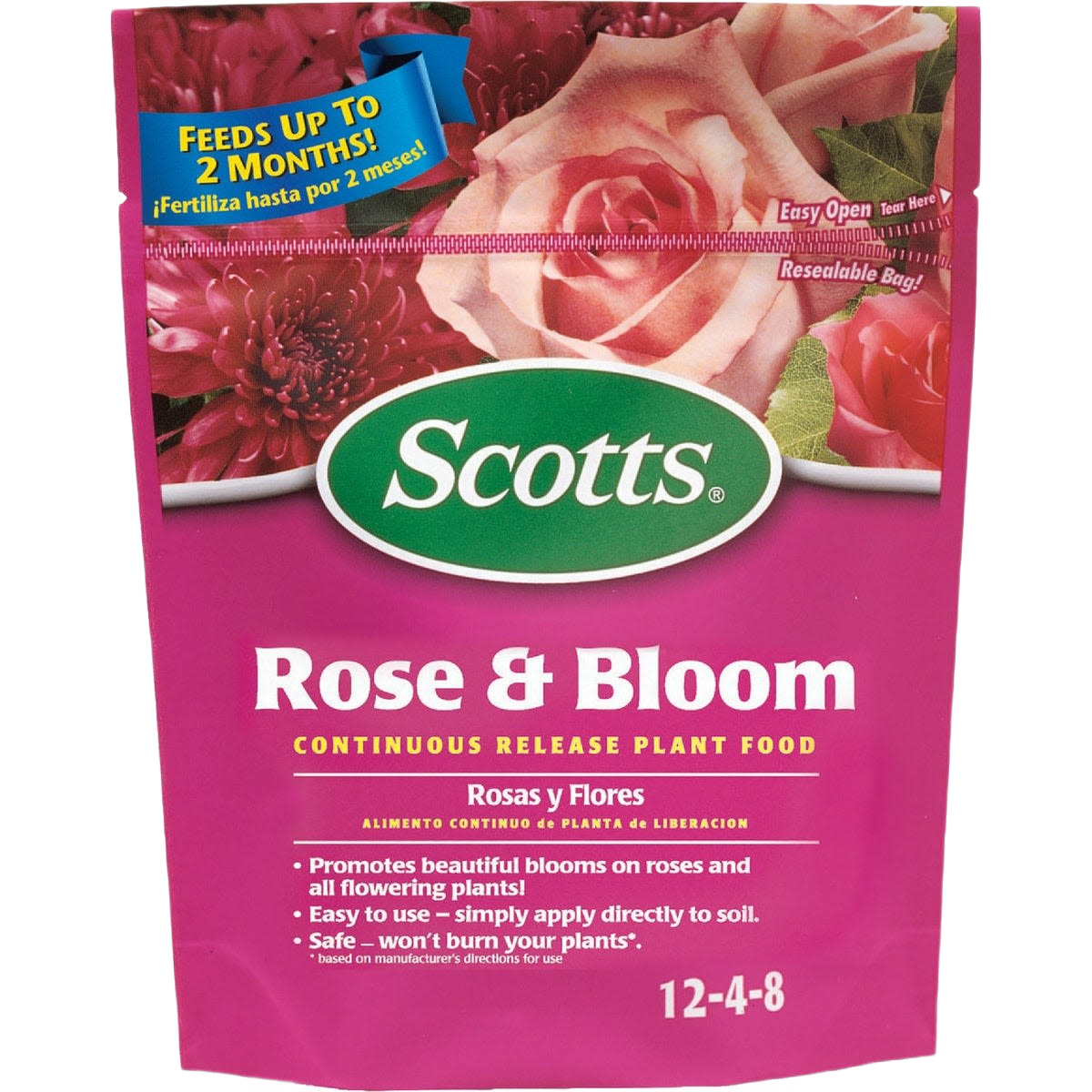 Pink bag of continuous release plant food for roses and flowering plants with feeding benefits up to two months