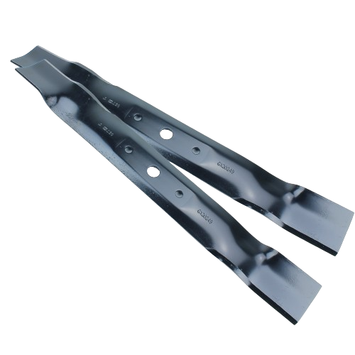 Pair of black coated steel mower blades with center mounting holes for lawn maintenance and home improvement tools