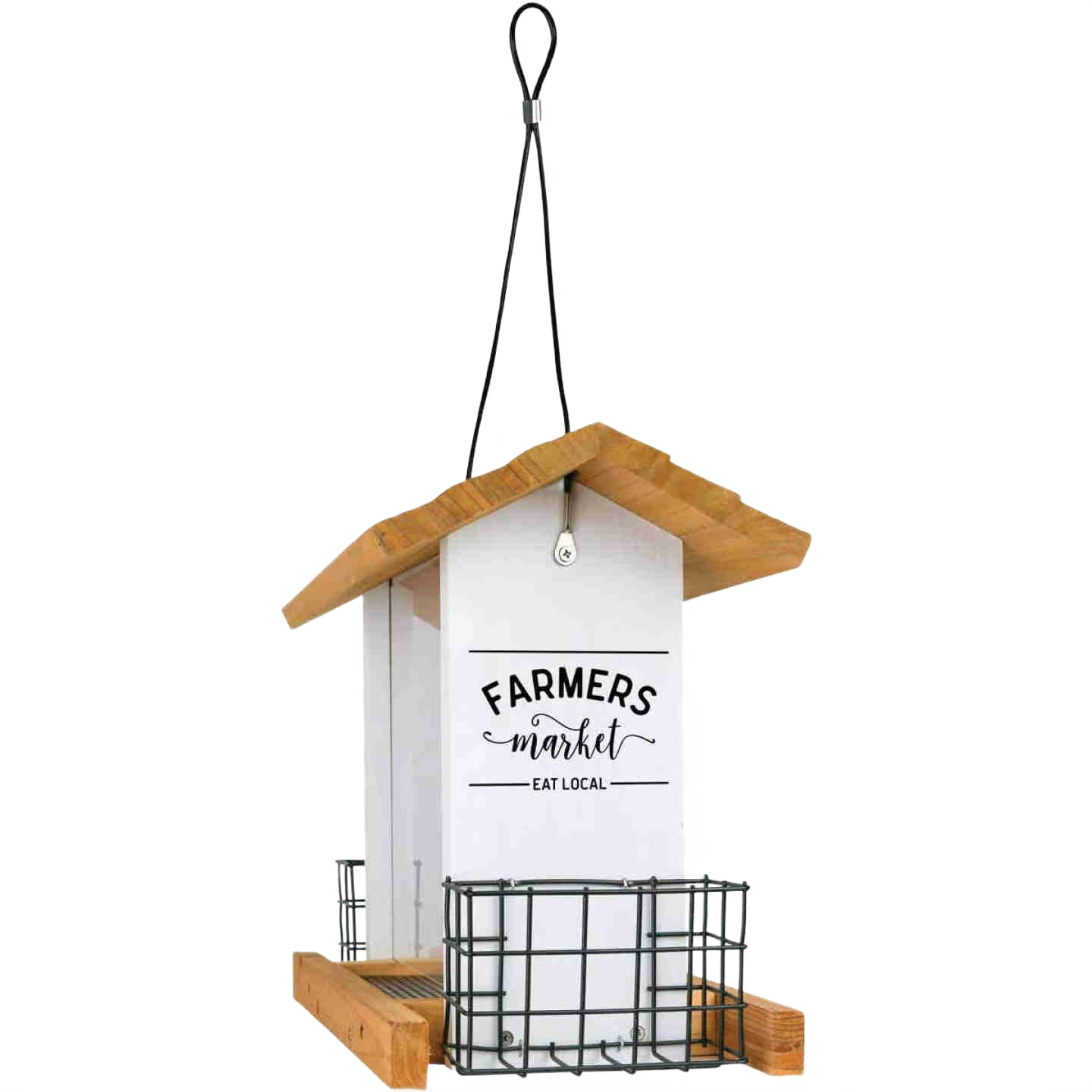 Wooden farmhouse-style hopper bird feeder with natural cedar roof and metal seed cage for outdoor use