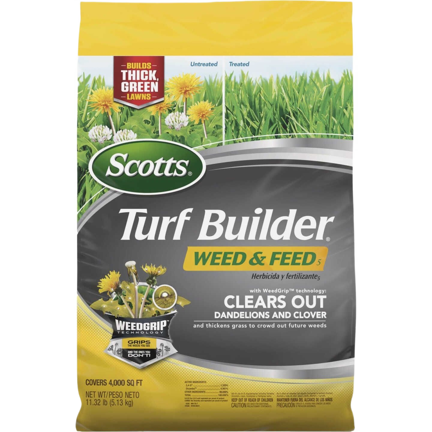 Bag of Scotts Turf Builder Weed & Feed lawn treatment for thickening grass and controlling dandelions and clover