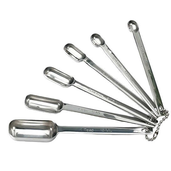 Stainless steel rectangular measuring spoon set with six sizes for precise kitchen measuring and gadget collections under $50