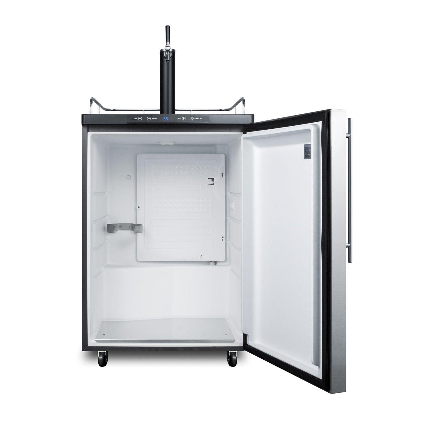Freestanding beverage cooler with black draft tower and digital display, part of refrigerators and beverage centers collections