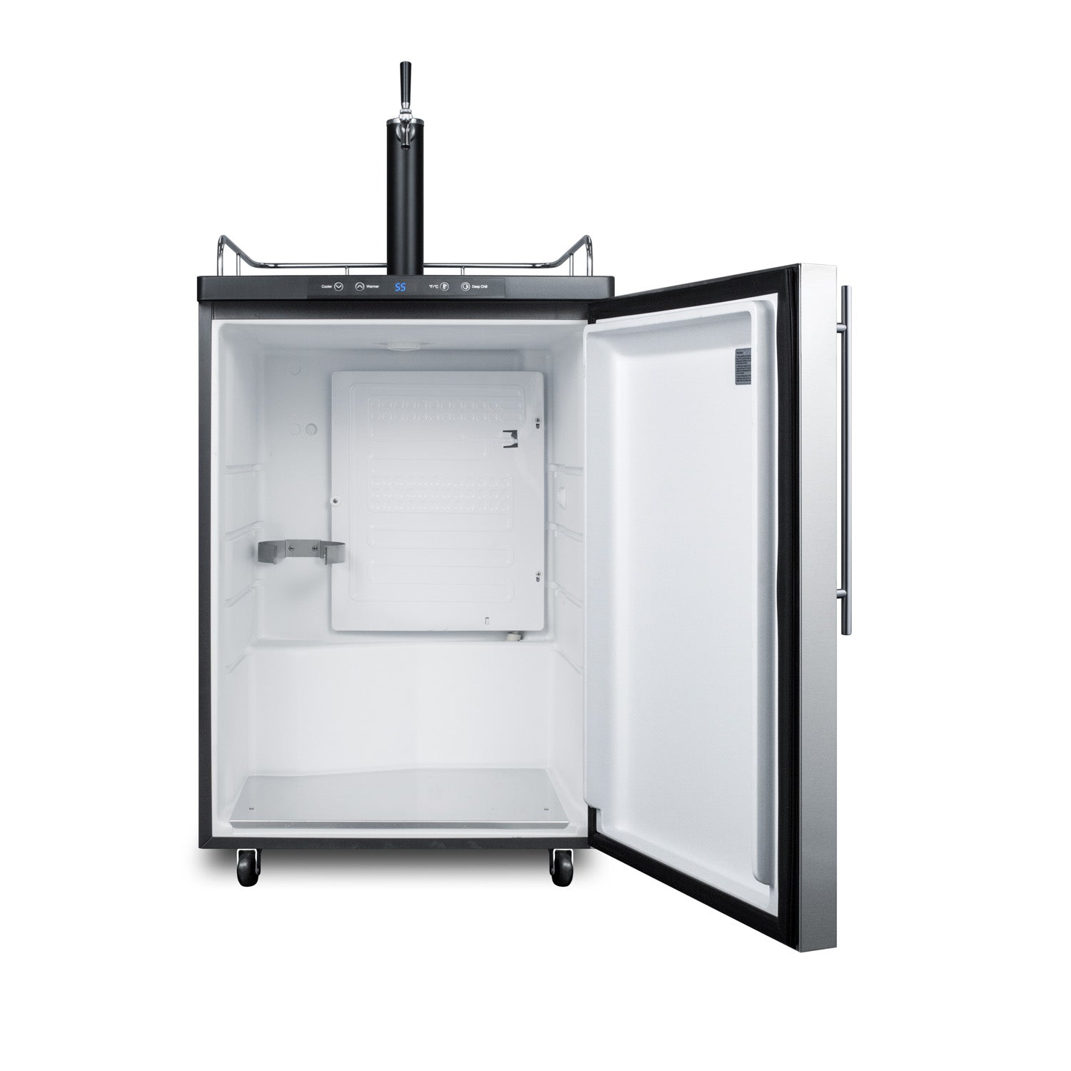 Freestanding beverage cooler with black draft tower and digital display, part of refrigerators and beverage centers collections